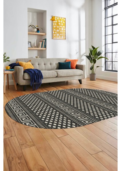 Kilim Desenli Dijital Kaymaz Yıkanabilir Sade Oval Yolluk Koridor Salon Halısı, O-Sade-21-Krem,