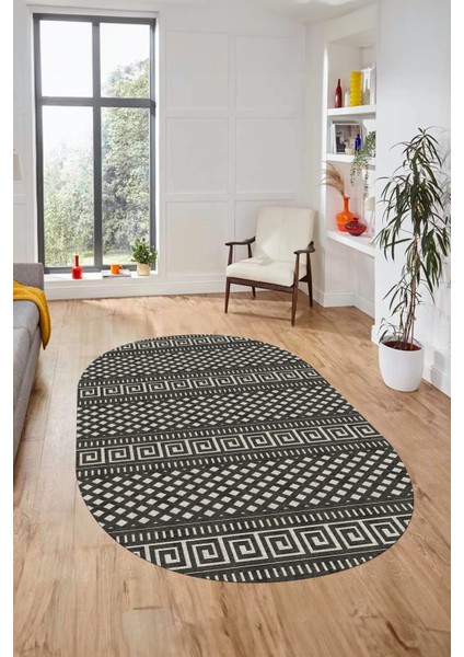 Kilim Desenli Dijital Kaymaz Yıkanabilir Sade Oval Yolluk Koridor Salon Halısı, O-Sade-21-Krem,