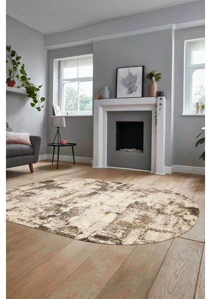 Düz Renk Sade Desen Dijital Kaymaz Taban Yıkanabilir Oval Yolluk Salon Halısı, O-Sade-25-Kahve,