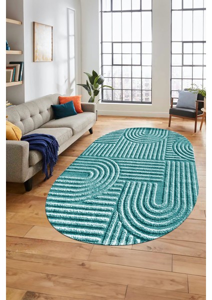 Baskılı Kaymaz Taban Yıkanabilir Sade Desen Oval Yolluk Mutfak Salon Halısı, O-Sade-01-Mavi, indirimleri