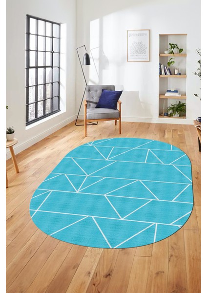 Baskılı Kaymaz Taban Yıkanabilir Çizgili Desen Oval Yolluk Mutfak Salon Halısı, O-Sade-06-Mavi,