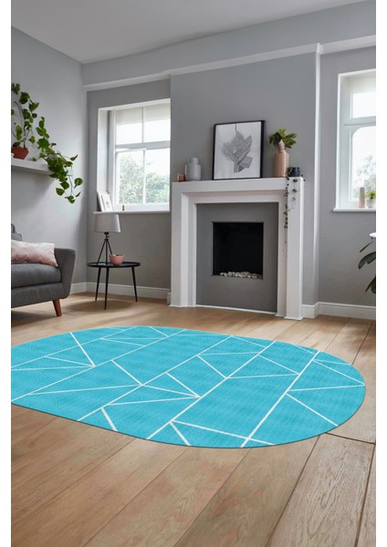 Baskılı Kaymaz Taban Yıkanabilir Çizgili Desen Oval Yolluk Mutfak Salon Halısı, O-Sade-06-Mavi,