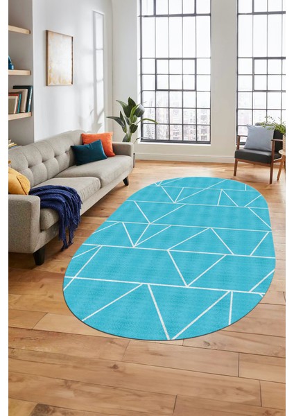 Baskılı Kaymaz Taban Yıkanabilir Çizgili Desen Oval Yolluk Mutfak Salon Halısı, O-Sade-06-Mavi,
