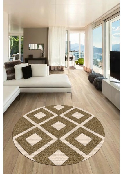 Dijital Kaymaz Taban Yıkanabilir Baklava Desen Yuvarlak Mutfak Salon Halısı, Y-Sade-07-Kahve,