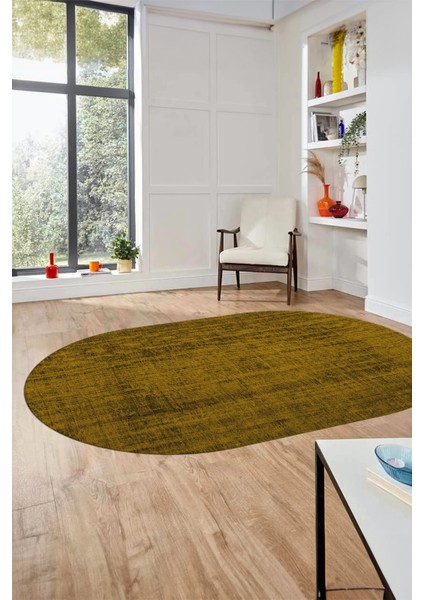 Dijital Baskı Kaymaz Yıkanabilir Sade Düz Renk Tasarım Oval Yolluk Salon Halısı, O-Sade-45-Sarı,