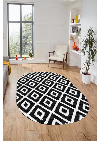 Sade Baklava Desen Motifli Kaymaz Taban Yıkanabilir Oval Yolluk Salon Halısı, O-Sade-27-Siyah, modelleri