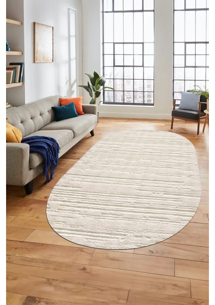 Düz Renk Sade Motifli Dijital Kaymaz Taban Yıkanabilir Oval Yolluk Salon Halısı, O-Sade-32-Krem,