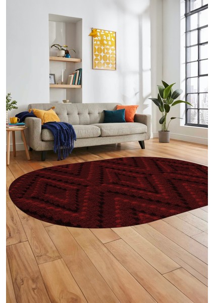 Düz Renk Sade Kilim Motifli Dijital Kaymaz Taban Yıkanabilir Oval Salon Halısı, O-Sade-33-Bordo,