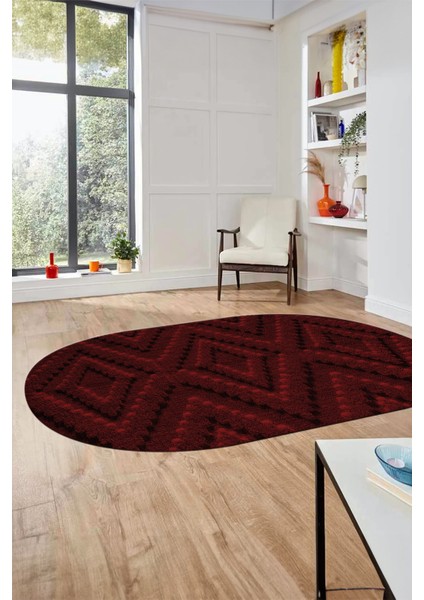 Düz Renk Sade Kilim Motifli Dijital Kaymaz Taban Yıkanabilir Oval Salon Halısı, O-Sade-33-Bordo, modelleri