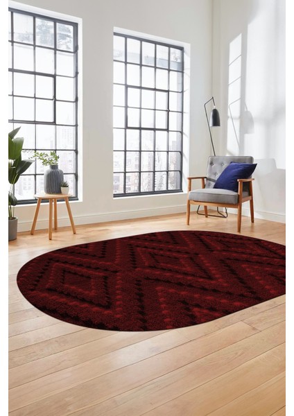 Düz Renk Sade Kilim Motifli Dijital Kaymaz Taban Yıkanabilir Oval Salon Halısı, O-Sade-33-Bordo, indirimleri