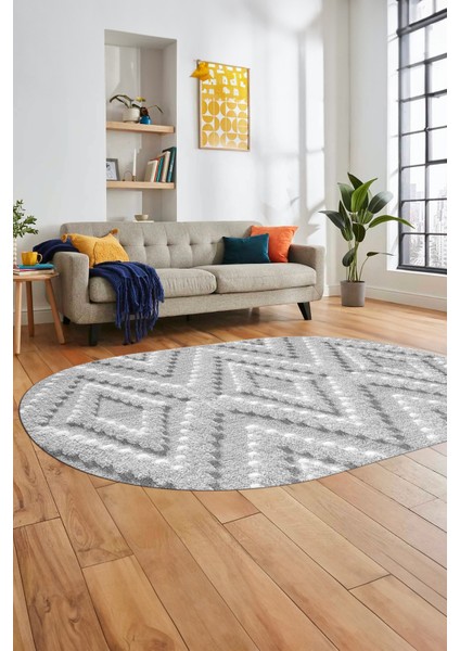 Düz Renk Sade Kilim Motifli Dijital Kaymaz Taban Yıkanabilir Oval Salon Halısı, O-Sade-33-Gri,