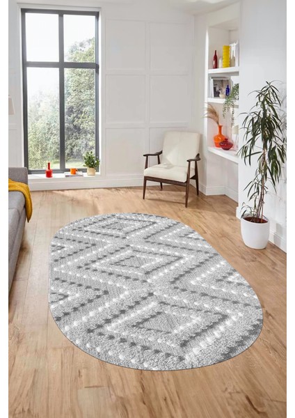 Düz Renk Sade Kilim Motifli Dijital Kaymaz Taban Yıkanabilir Oval Salon Halısı, O-Sade-33-Gri,