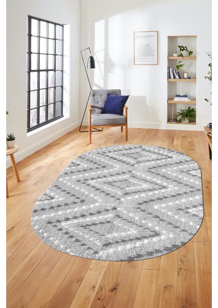 Düz Renk Sade Kilim Motifli Dijital Kaymaz Taban Yıkanabilir Oval Salon Halısı, O-Sade-33-Gri,