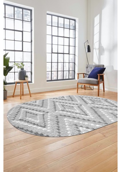 Düz Renk Sade Kilim Motifli Dijital Kaymaz Taban Yıkanabilir Oval Salon Halısı, O-Sade-33-Gri,