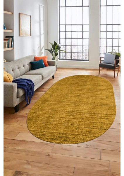 Düz Renk Sade Motifli Dijital Kaymaz Taban Yıkanabilir Oval Yolluk Salon Halısı, O-Sade-31-Sarı,