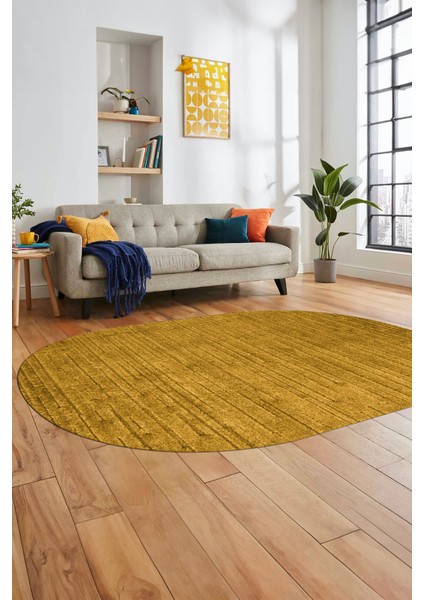 Düz Renk Sade Motifli Dijital Kaymaz Taban Yıkanabilir Oval Yolluk Salon Halısı, O-Sade-31-Sarı,