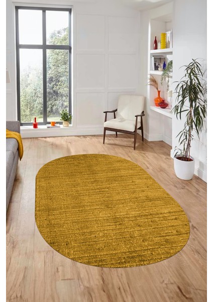 Düz Renk Sade Motifli Dijital Kaymaz Taban Yıkanabilir Oval Yolluk Salon Halısı, O-Sade-31-Sarı,