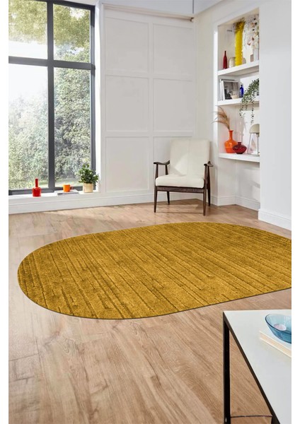 Düz Renk Sade Motifli Dijital Kaymaz Taban Yıkanabilir Oval Yolluk Salon Halısı, O-Sade-31-Sarı,