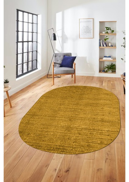 Düz Renk Sade Motifli Dijital Kaymaz Taban Yıkanabilir Oval Yolluk Salon Halısı, O-Sade-31-Sarı,