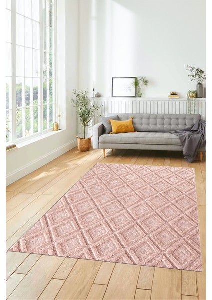 Sade Baklava Desen Motifli Kaymaz Taban Yıkanabilir Yolluk Salon Halısı, Sade-28-Pembe,