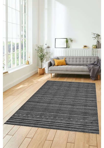 Kilim Desenli Sade Motifli Kaymaz Taban Yıkanabilir Yolluk Salon Halısı Sade-30-Antrasit