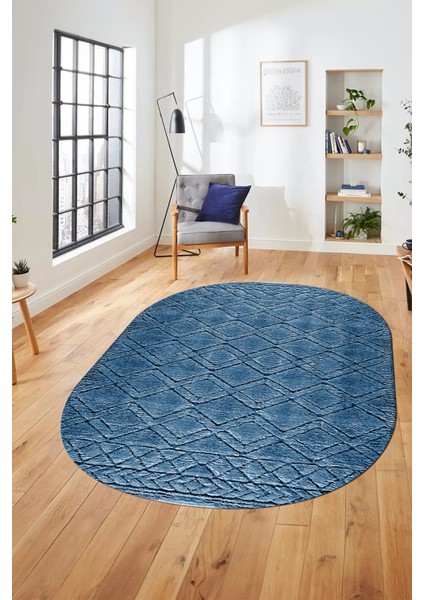 3D Baskılı Kaymaz Taban Yıkanabilir Kilim Desen Oval Yolluk Mutfak Salon Halısı, O-Sade-05-Mavi,