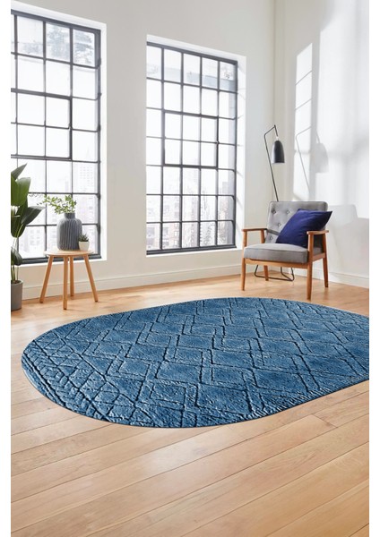 3D Baskılı Kaymaz Taban Yıkanabilir Kilim Desen Oval Yolluk Mutfak Salon Halısı, O-Sade-05-Mavi, fiyatları