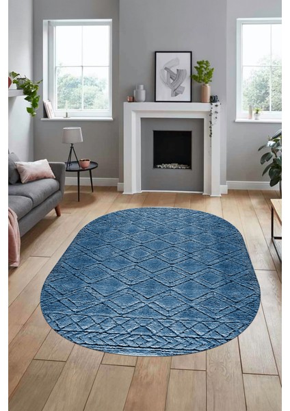 3D Baskılı Kaymaz Taban Yıkanabilir Kilim Desen Oval Yolluk Mutfak Salon Halısı, O-Sade-05-Mavi, modelleri