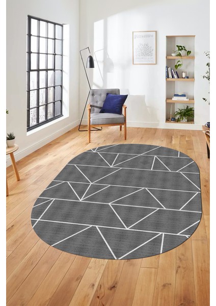 Baskılı Kaymaz Taban Yıkanabilir Çizgili Desen Oval Yolluk Mutfak Salon Halısı, O-Sade-06-Gri,