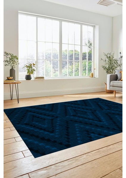 Düz Renk Sade Kilim Motifli Dijital Kaymaz Taban Yıkanabilir Yolluk Salon Halısı, Sade-33-Mavi,