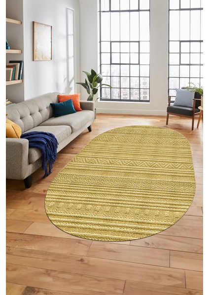 Kilim Desenli Sade Motifli Kaymaz Taban Yıkanabilir Oval Yolluk Salon Halısı, O-Sade-30-Sarı,