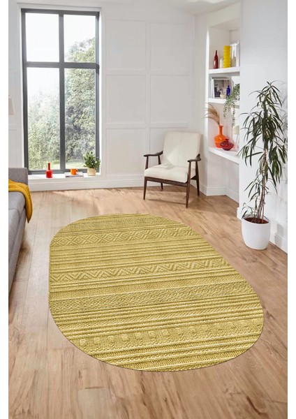 Kilim Desenli Sade Motifli Kaymaz Taban Yıkanabilir Oval Yolluk Salon Halısı, O-Sade-30-Sarı, modelleri