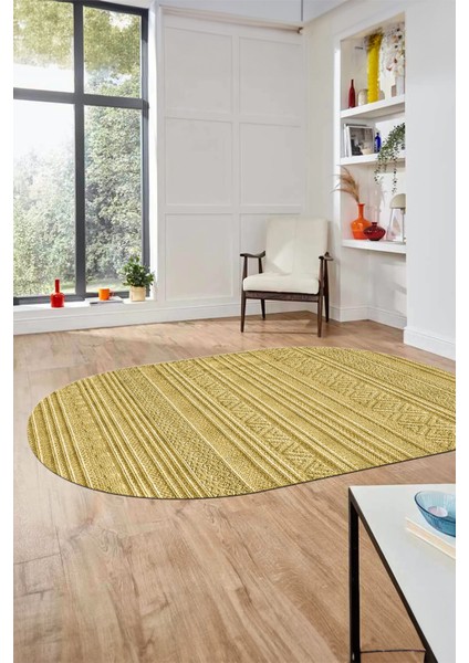 Kilim Desenli Sade Motifli Kaymaz Taban Yıkanabilir Oval Yolluk Salon Halısı, O-Sade-30-Sarı, fırsatları