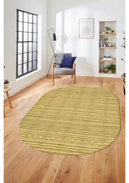 Kilim Desenli Sade Motifli Kaymaz Taban Yıkanabilir Oval Yolluk Salon Halısı, O-Sade-30-Sarı, indirimleri