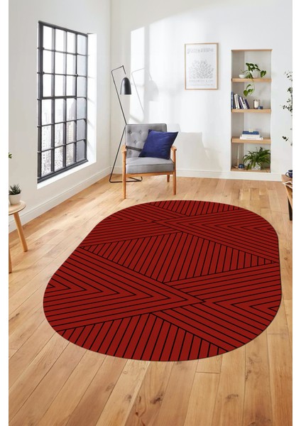 Baskılı Kaymaz Taban Yıkanabilir Çizgili Desen Oval Yolluk Mutfak Salon Halısı, O-Sade-08-Kırmızı,