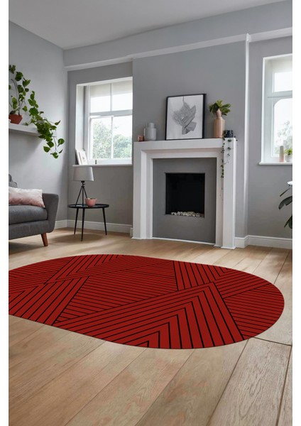 Baskılı Kaymaz Taban Yıkanabilir Çizgili Desen Oval Yolluk Mutfak Salon Halısı, O-Sade-08-Kırmızı,