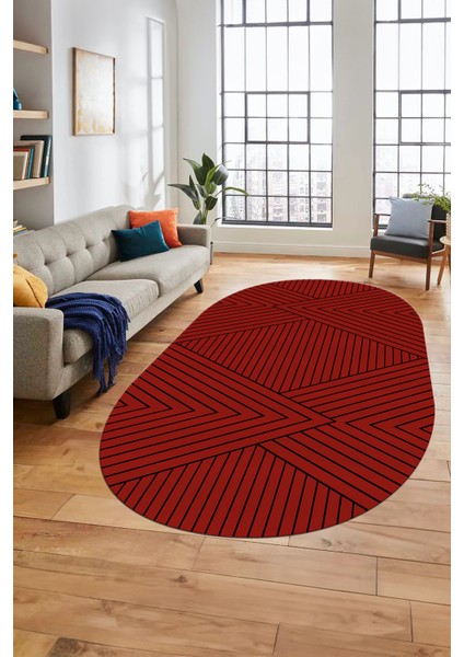 Baskılı Kaymaz Taban Yıkanabilir Çizgili Desen Oval Yolluk Mutfak Salon Halısı, O-Sade-08-Kırmızı,