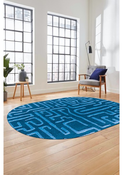 Baskılı Kaymaz Taban Yıkanabilir Sade Düz Desen Oval Yolluk Mutfak Salon Halısı, O-Sade-09-Mavi,