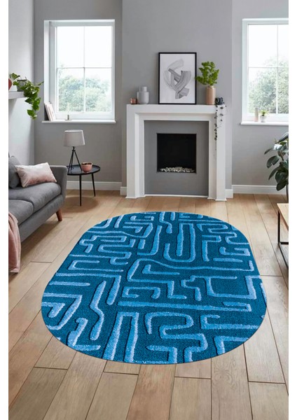 Baskılı Kaymaz Taban Yıkanabilir Sade Düz Desen Oval Yolluk Mutfak Salon Halısı, O-Sade-09-Mavi, fiyatları