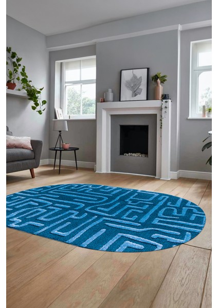 Baskılı Kaymaz Taban Yıkanabilir Sade Düz Desen Oval Yolluk Mutfak Salon Halısı, O-Sade-09-Mavi, modelleri