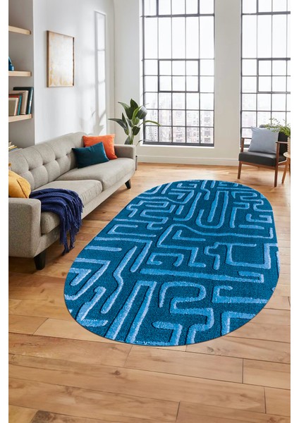Baskılı Kaymaz Taban Yıkanabilir Sade Düz Desen Oval Yolluk Mutfak Salon Halısı, O-Sade-09-Mavi, fırsatları
