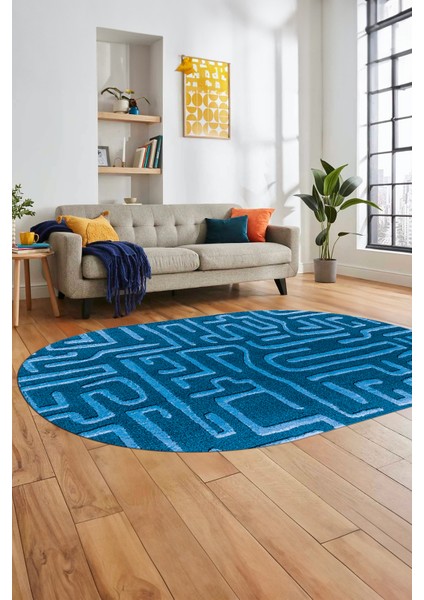 Baskılı Kaymaz Taban Yıkanabilir Sade Düz Desen Oval Yolluk Mutfak Salon Halısı, O-Sade-09-Mavi, indirimleri