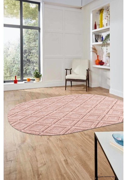 Sade Baklava Desen Motifli Kaymaz Taban Yıkanabilir Oval Yolluk Salon Halısı, O-Sade-28-Pembe,