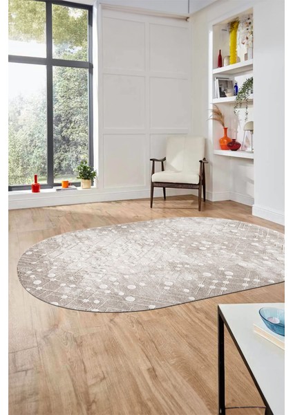 Dijital Baskı Kaymaz Yıkanabilir Sade 3D Oval Yolluk Koridor Salon Halısı, O-Sade-48-Bej,