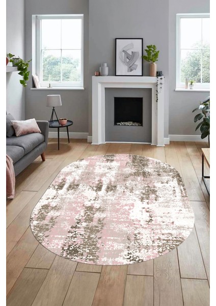 Dijital Baskı Kaymaz Yıkanabilir Sade Düz Renk Tasarım Oval Yolluk Salon Halısı, O-Sade-44-Pembe,