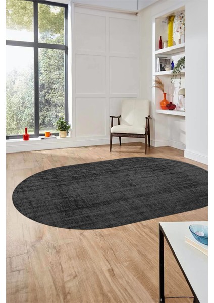 Dijital Baskı Kaymaz Yıkanabilir Sade Düz Renk Tasarım Oval Yolluk Salon Halısı, O-Sade-45-Antrasit,