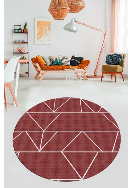 Dijital Kaymaz Taban Yıkanabilir Çizgili Desen Yuvarlak Mutfak Salon Halısı, Y-Sade-06-Bordo,