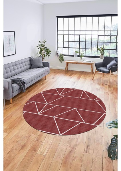Dijital Kaymaz Taban Yıkanabilir Çizgili Desen Yuvarlak Mutfak Salon Halısı, Y-Sade-06-Bordo,