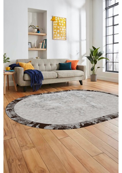Düz Renk Sade Desen Çerçeveli Kaymaz Taban Yıkanabilir Oval Yolluk Salon Halısı, O-Sade-36-Kahve,