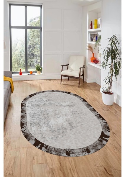 Düz Renk Sade Desen Çerçeveli Kaymaz Taban Yıkanabilir Oval Yolluk Salon Halısı, O-Sade-36-Kahve, fiyatları